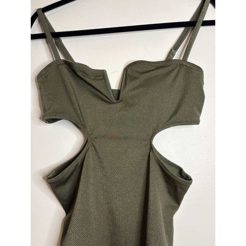 Aerie Real Good Olive Green Textured V-Wire Cut-Out One Piece Swimsuit Large - Picture 3 of 7